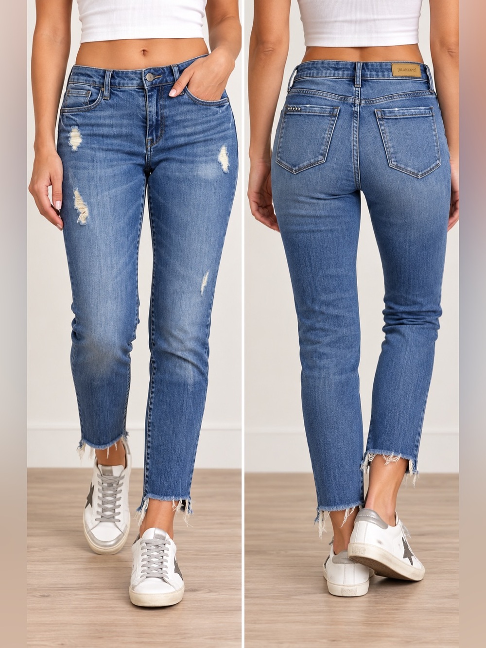 [BLANKNYC] Women's Size 28 Distressed Blue Skinny Straight Jeans Raw Hem Stretch